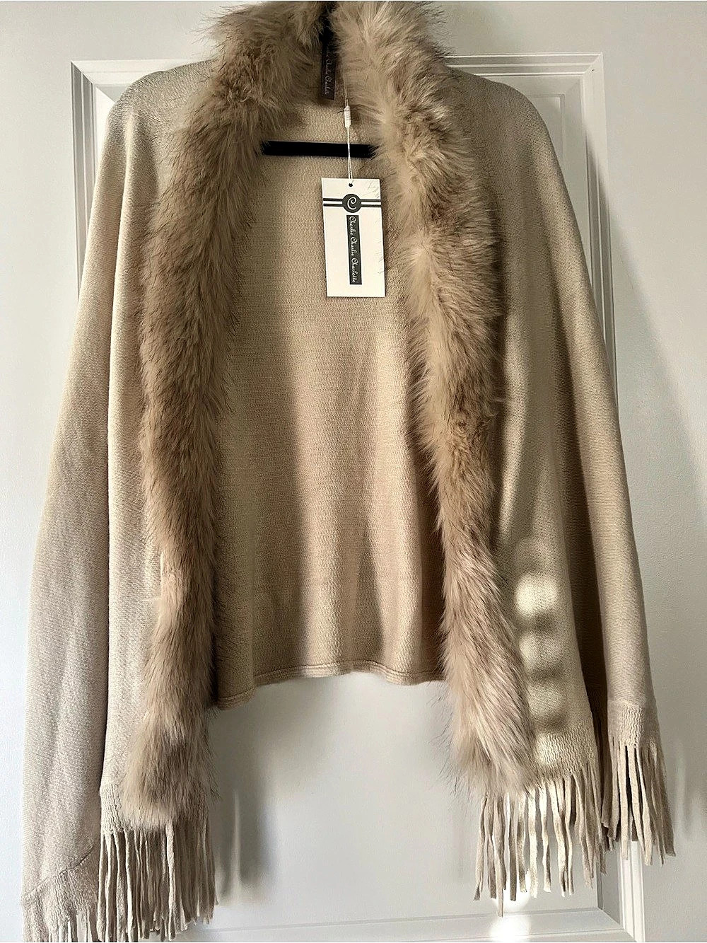 Charlie Charlotte Faux Fur Trim Fringe Wrap Greige NWT